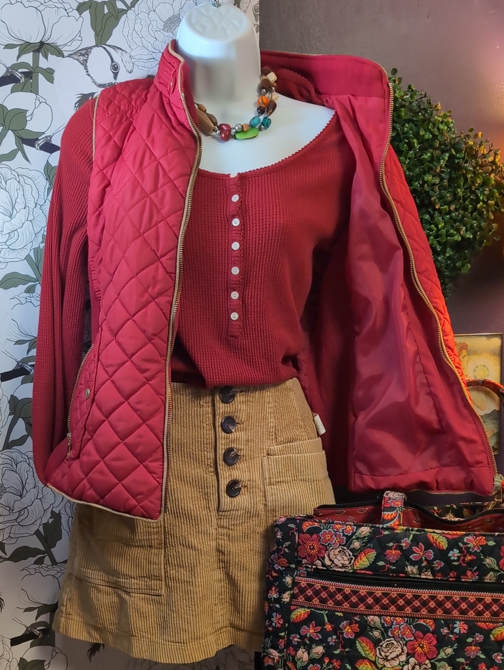Rich Red Quilted Vest With Tan Piping By C'est Toi